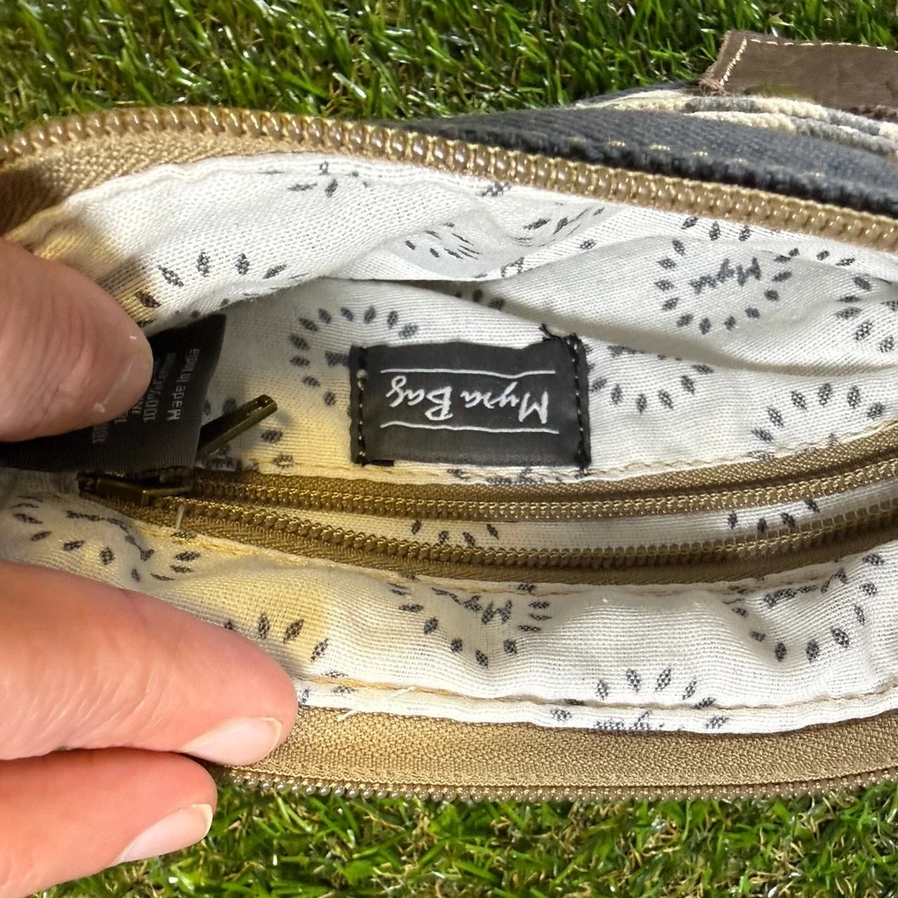 Myra Bag Canvas Leather Crossbody Phone Wallet Small Travel Pouch Grey Brown